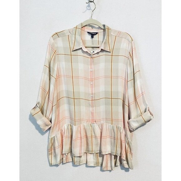 Express Top Womens Large Pink Plaid Button Up Ruffle Hem Long Sleeve Boho - Picture 5 of 8